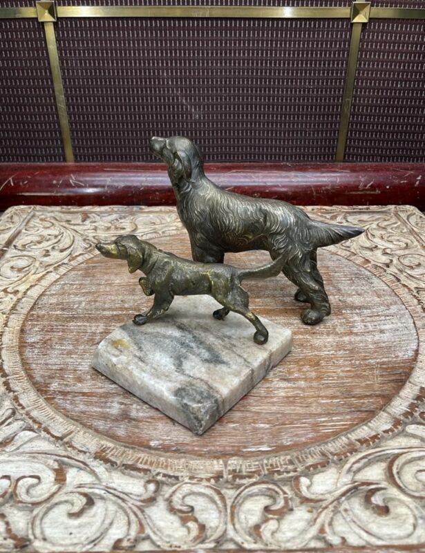 2 VINTAGE BRASS OR BRONZE RETRIEVER POINTER DOG STATUE ON MARBLE ONE IS FREE