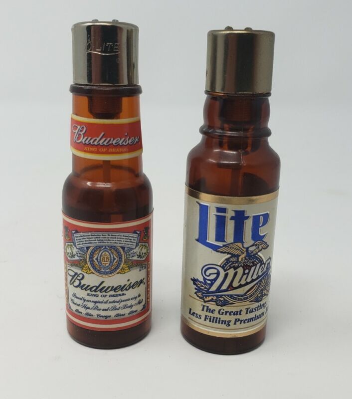 Miniature Budweiser and Miller Lite Bottle Novelty Lighter - Vintage 1990