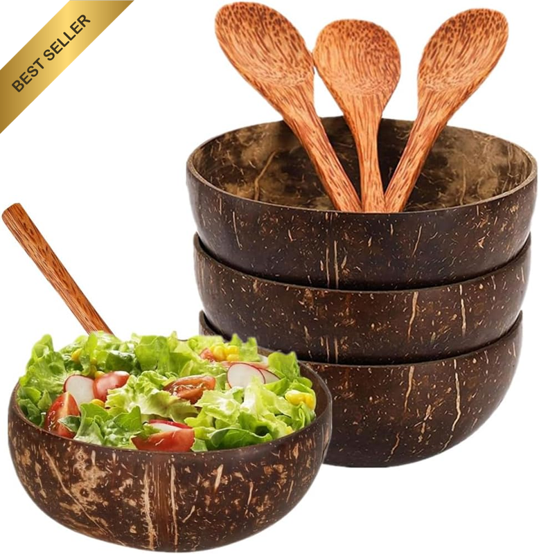 Polished Coconut Shell Bowls Set,4 Coconut Bowls and 4 Wooden Spoons,Hand Made C