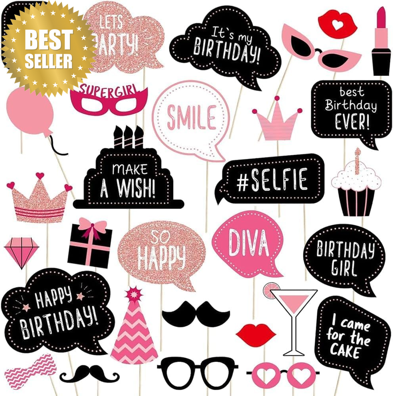 30 PCS Photo Booth Props Kit, Funny Photobooth Accessories with Real Glitter Cut