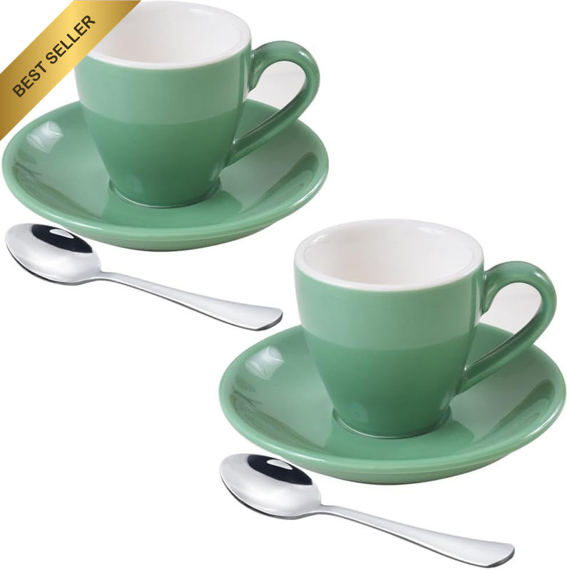 Ceramic 2-Piece Coffee Cup Set, with Plate and Mini Stainless Steel Spoons - Dec