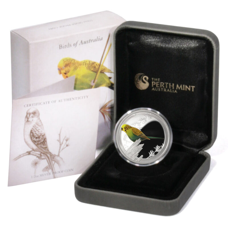Birds of Australia Budgerigar Budgee 50c 2013 1/2 oz Colored Proof Silver Coin B