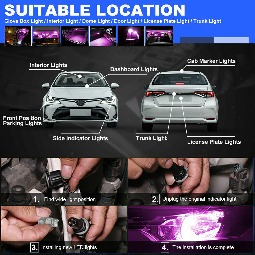 20X LED Bulbs T10 194 168 Car Trunk Interior Map License Plate Light Pink Purple