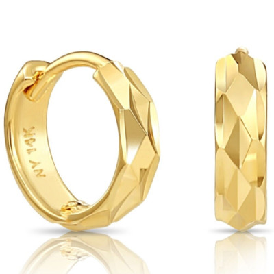 14K Solid Yellow Gold Round Diamond-Cut Huggie Hoop Earrings Baby Small 10MM