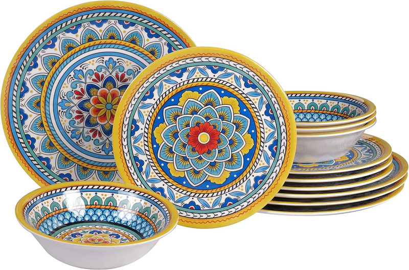 Portofino 12 Piece Melamine Dinnerware Set, Service for 4, Multi Colored