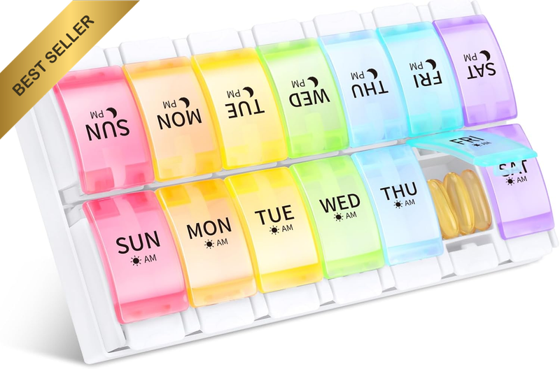 Large Pill Organiser Box 7 Day 2 Times a Day, AM PM Weekly Tablet Organiser, Uni