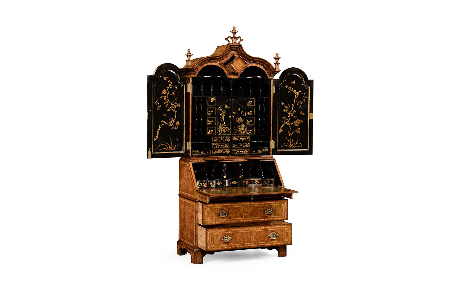 Queen Anne Walnut Bureau with Chinoiserie Interior & Panelled Doors