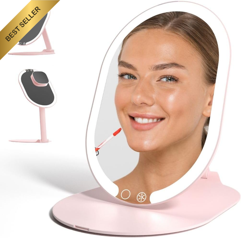 LED Rechargeable Portable Makeup Mirror with 3 Color Light Settings & 10X Magnet