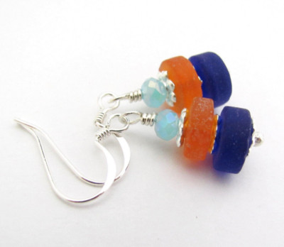 Sea Glass Earrings Ocean Blue Mix Silver Plated Stacked Lever Back USA Handmade