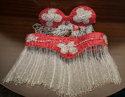 Vintage Belly Dance Burlesque Show Costume Red Oriental - Beads - Bra & Belt Set
