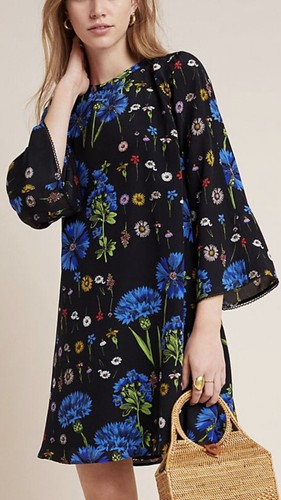 

Платье прямого кроя Rare Anthropologie Maeve Aderyn из шелкового ботанического цвета с цветочным принтом 232 доллара США, Black - blue