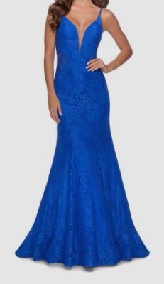 $498 La Femme Women's Blue Sleeveless Lace Rhinestone Gown Dress Size 12