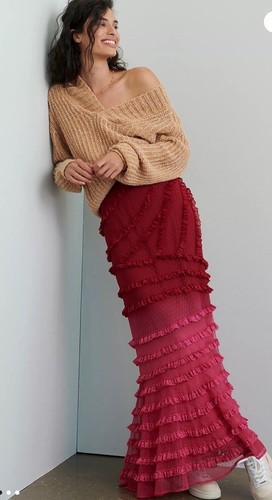 Новая юбка макси из гофрированного тюля Anthropologie Jemma с многослойным омбре на подкладке цвета винной розы