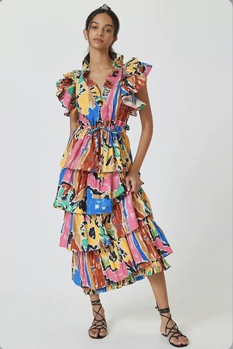 【美品】6枚セット Anthropologie Fleur De Lys Love The Label Anthropologie Mix-Print Midi Tiered Dress New