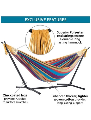 Vivere Double Hammock with Space-Saving Steel Stand, Tropical