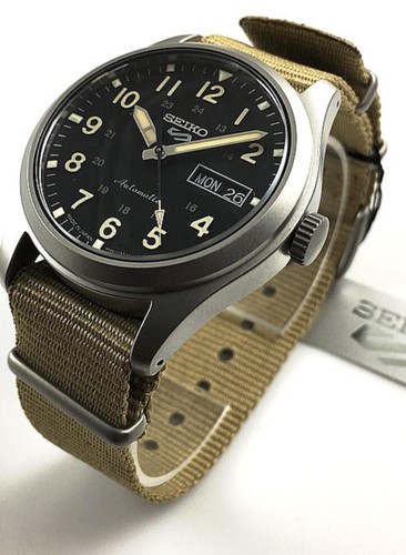 Pre-owned Seiko Field Sports Black Dial Beige Strap Men's Watch Srpg35(excellently Price)$