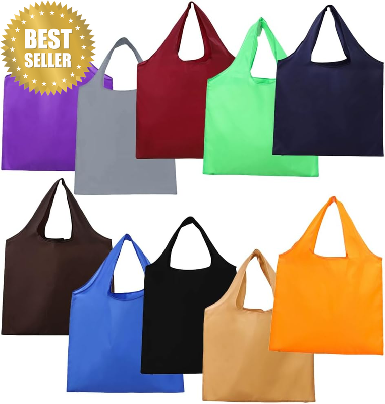 10 Pack Reusable Shopping Bags,Colorful Foldable Durable Polyester Totes - Bulk