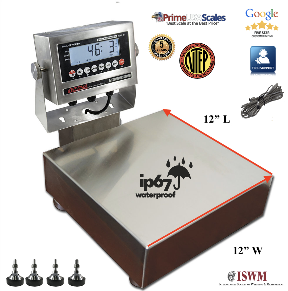 Prime OP-915SS Wash Down Bench Scale 12" x 12" 100 lb NTEP Legal for Trade IP67