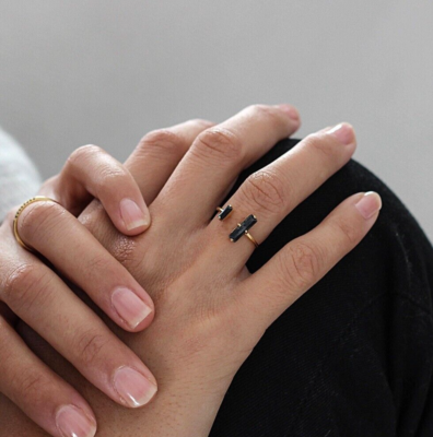 Black Onyx Bar 18K Gold Dainty Minimalist Healing Resizable Women