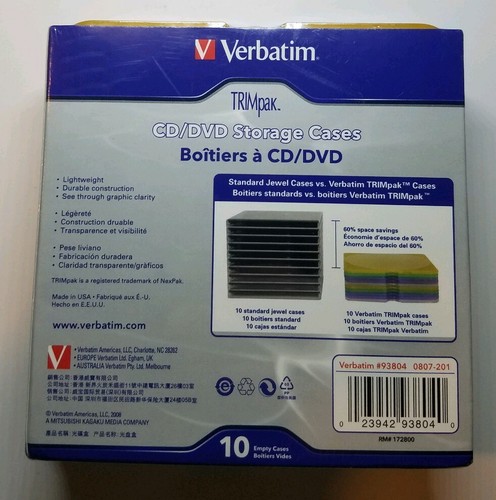Verbatim TRIMpak CD/DVD Storage Cases - Assorted Colors - 10 Pack VER93804