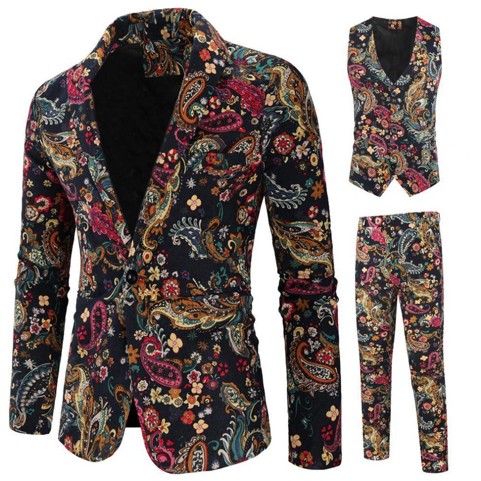 Mens Printed Blazer Ethnic Jacket Vest Pant 3 Piece Sets Business Party Suits