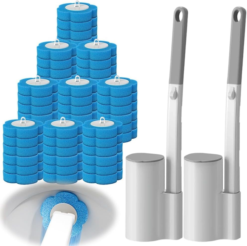 2PCS Disposable Toilet Brush, Extended Handles and Storage Holder with 60 Cleane