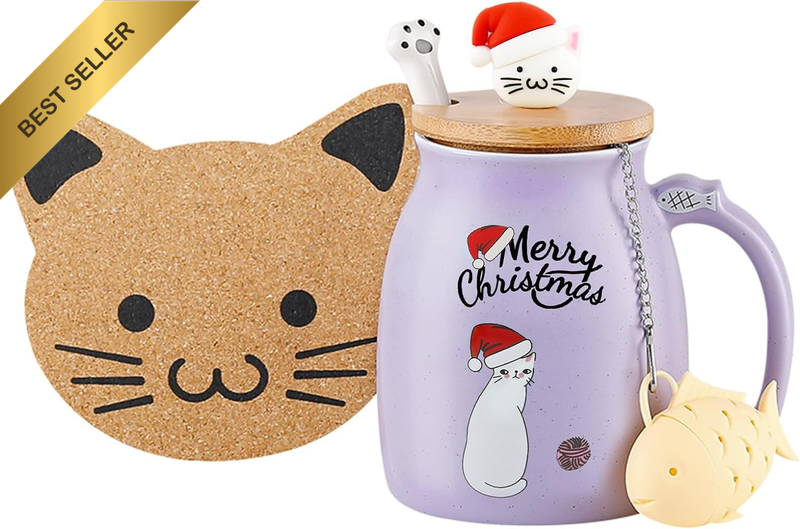 13Oz Kawaii Cat Mug Tea Cup Infuser Ceramic Coffee Lid Spoon