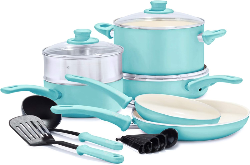 Soft Grip Healthy Ceramic Nonstick 12 Piece Cookware Pots and Pans Set, Pfas-Free, Dishwasher Safe, Turquoise