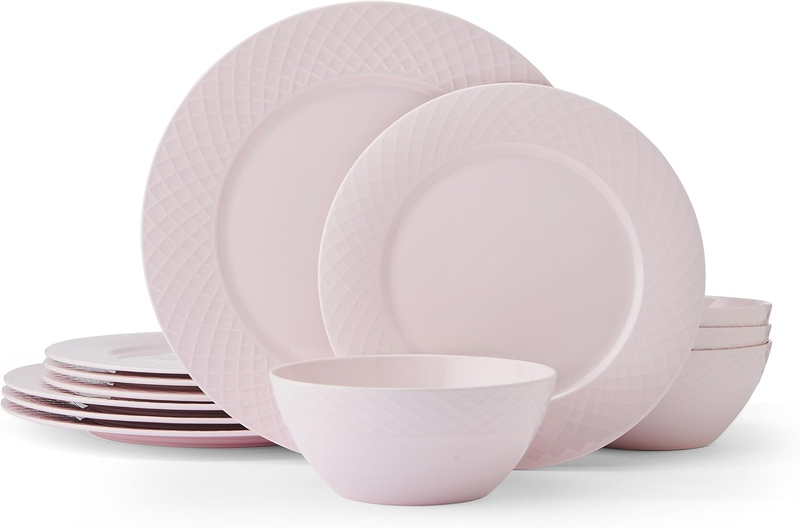 Miksa Trellis Pink Bone China Chip Resistant Lightweight 12 Piece Dinnerware Set, Service for 4