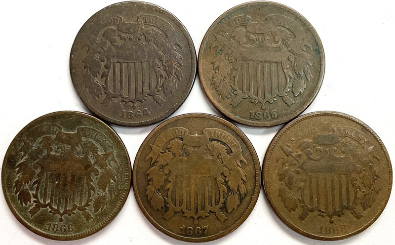 (5) 1864 - 1868 UNITED STATES 2 CENTS CIRCULATED COIN
