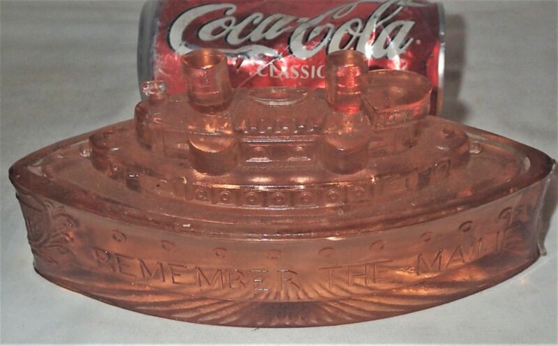 Vintage Pink Glass Remember The Maine Usa War Battle Ship Trinket Box Candy Dish