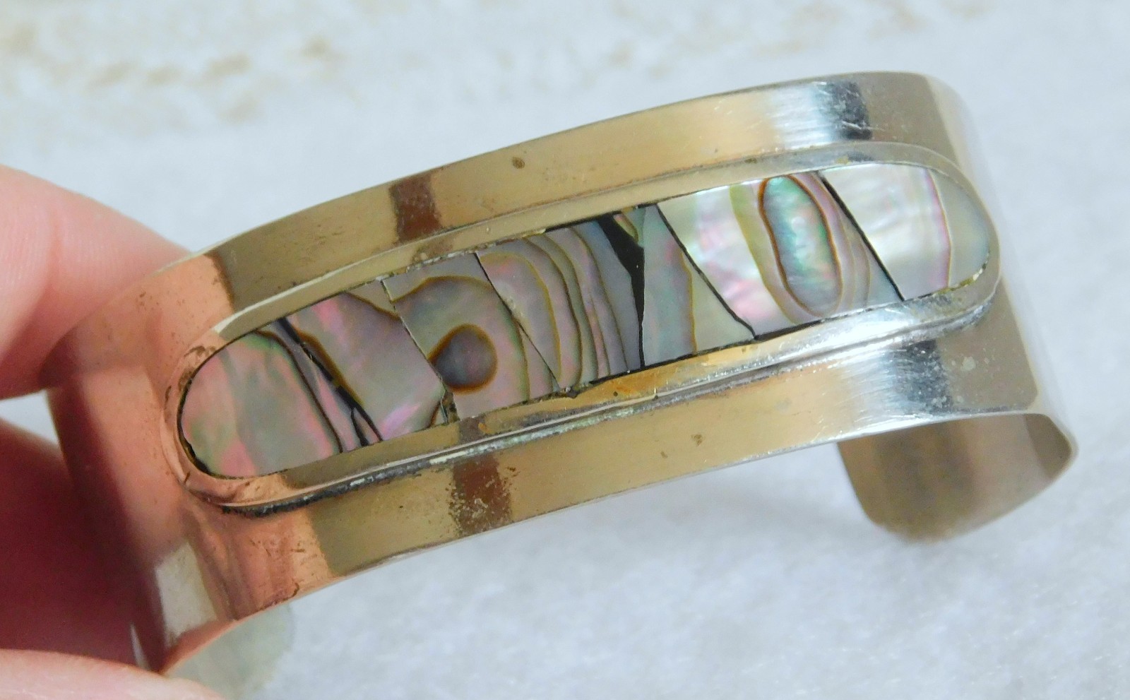 Sweet Vintage Alpaca Mexico 925 Sterling Abalone Inlay Cuff Bracelet