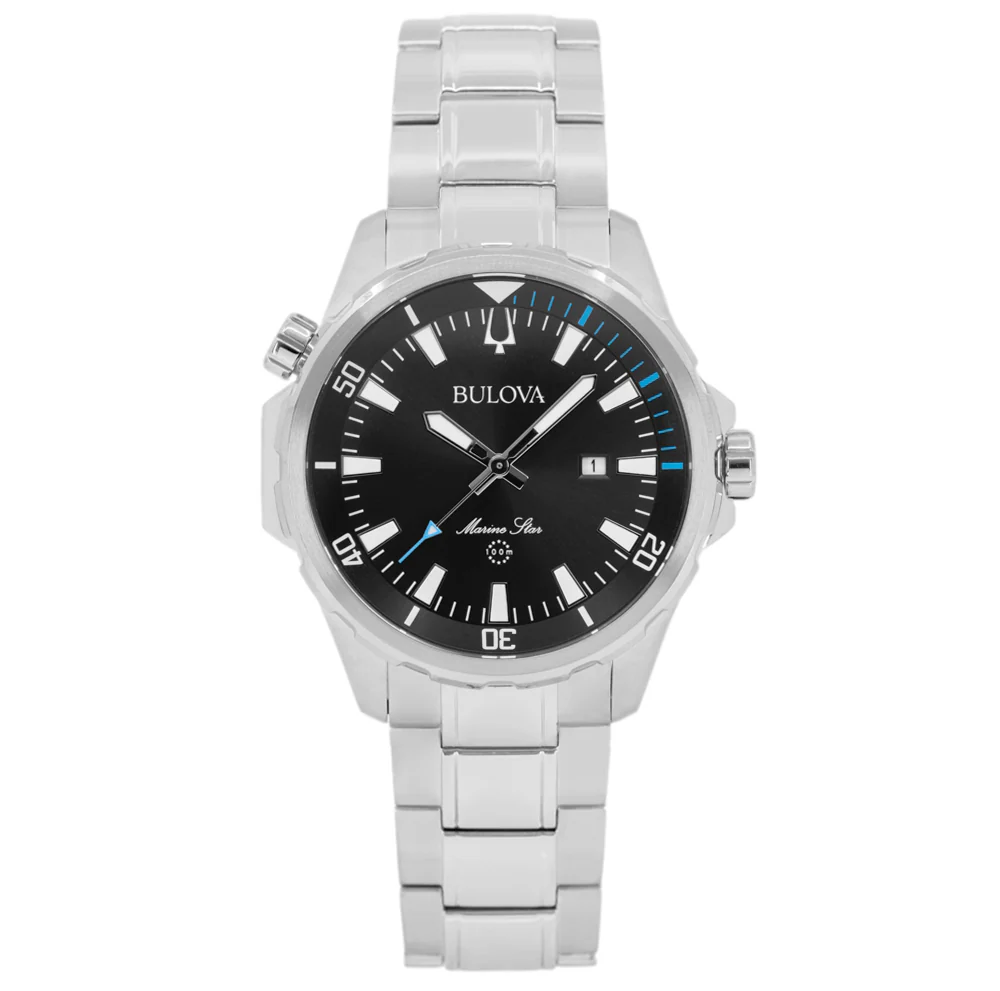 Pre-owned Bulova Marine Star Black Dial Date Display Stainless Steel Men's Watch 96b382