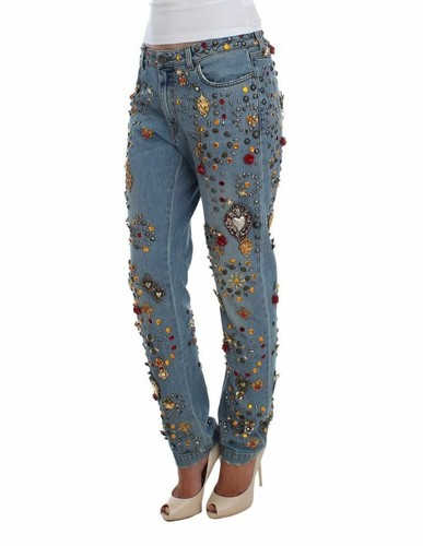 Pre-owned Dolce & Gabbana Dolce&gabbana Women Blue Jeans Boyfriend Crystals Embellished Zip Denim Trousers