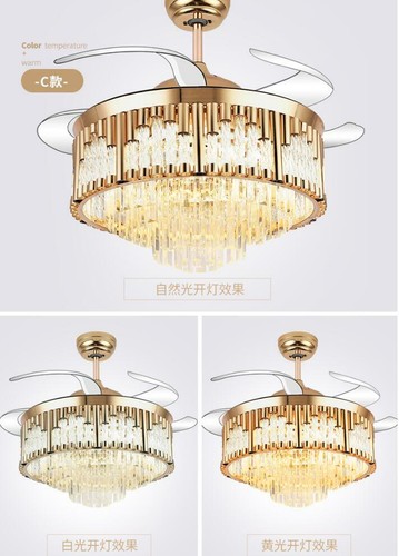 Gold Crystal 42 Invisible Ceiling Fans Light Remote Led Chandelier