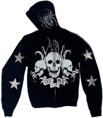 YEOU Women Rhinestone Y2K Spider Skeleton Hoodies Punk Jackets Medium, Black 