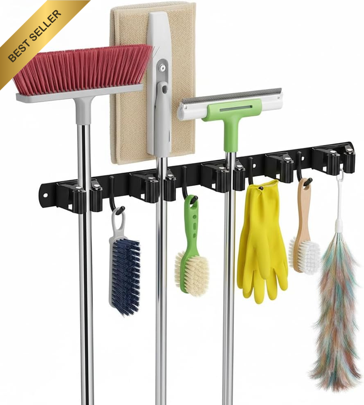 2PCS 304 Stainless Steel Wall Mount Broom & Mop Holder Organizer with 5 Grippers