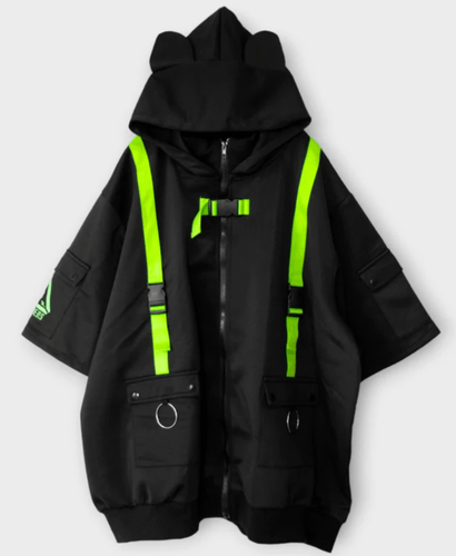 Cyberpunk Cat ears black and toxic green zip up hoodie
