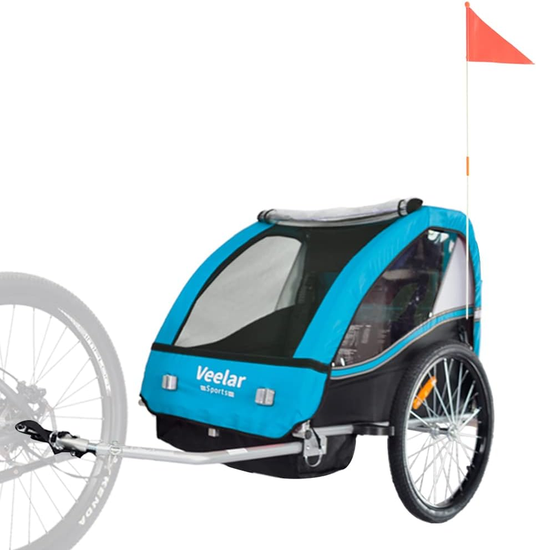 Double Seat Bike Kids Trailer Stroller Toddler Ride Carrier Foldable Steel Frame