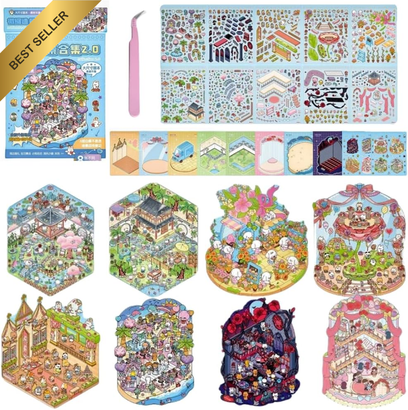 8 Sets DIY 3D Stickers Scene,3D Mini House Stickers Book for Adults with Tweezer
