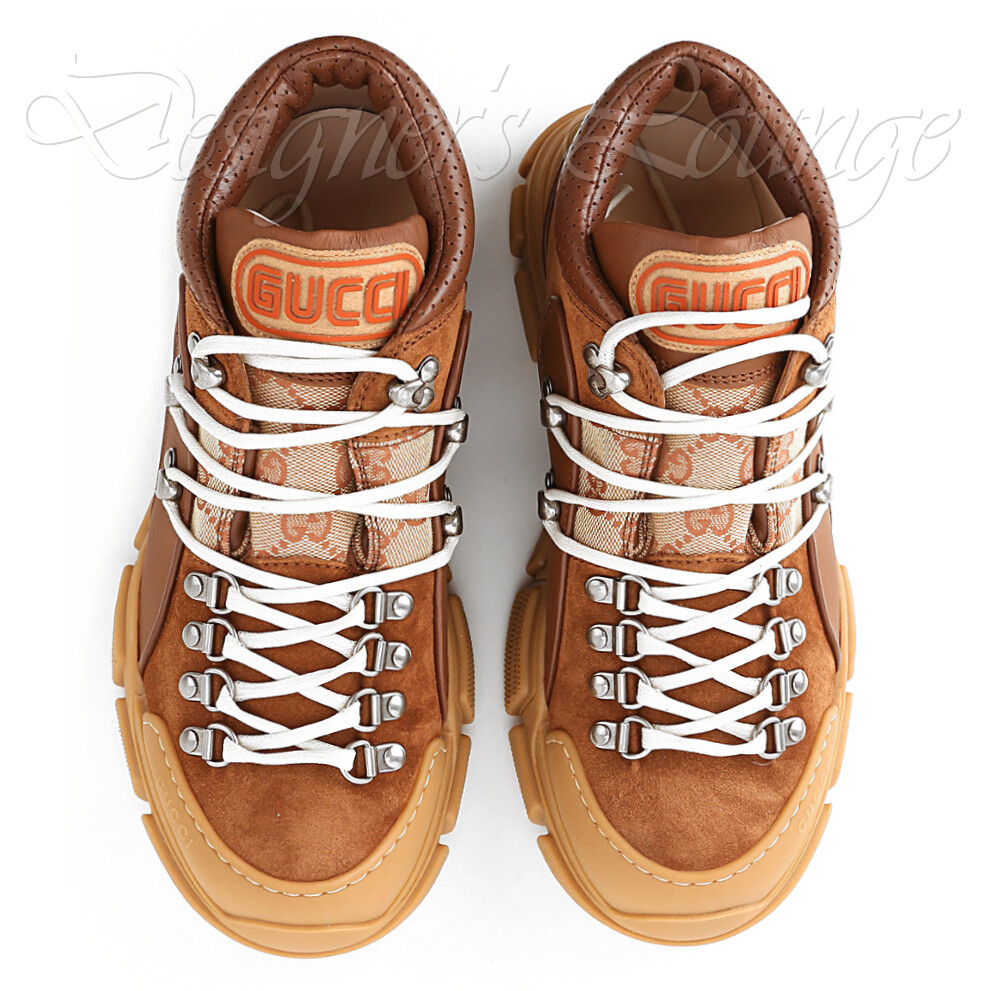 Pre-owned Gucci Men's Flashtrek Gg Canvas 8 / Us 8.5 Leather Sneakers $980 Authentic In Brown