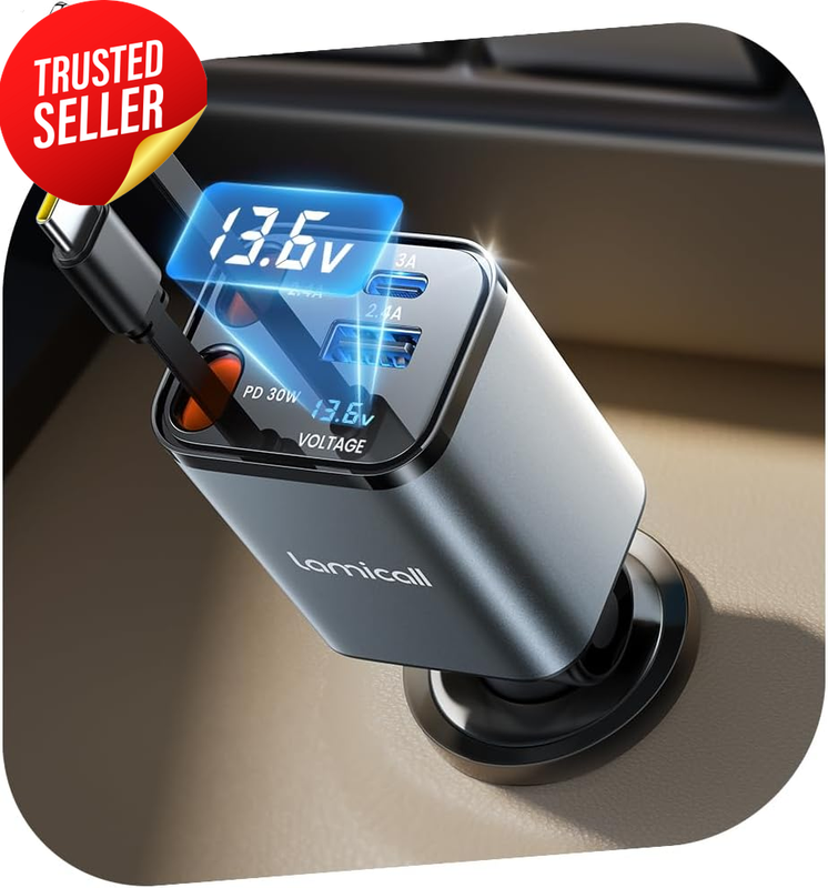 69W Retractable USB-C Car Charger 4-In-1 Compact