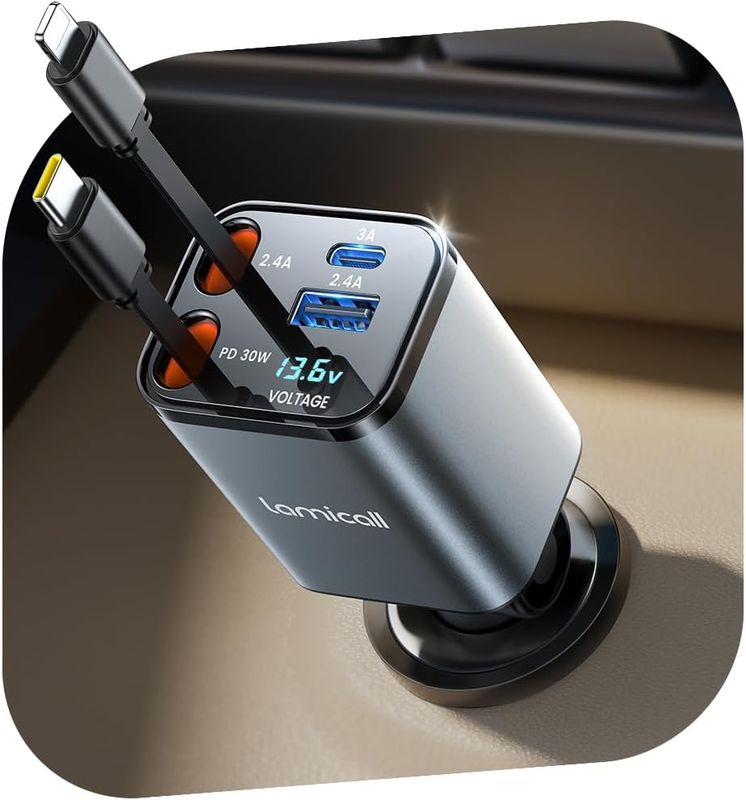 4 in 1 Retractable Car Charger Adapter - 69W [Voltage Display] [50% Smaller] Fas