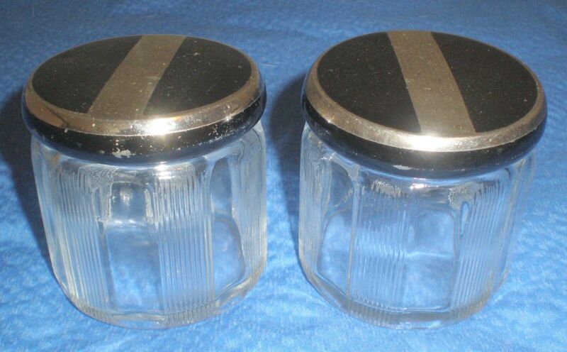 2 Art Deco style vanity, powder jars, black silver lids