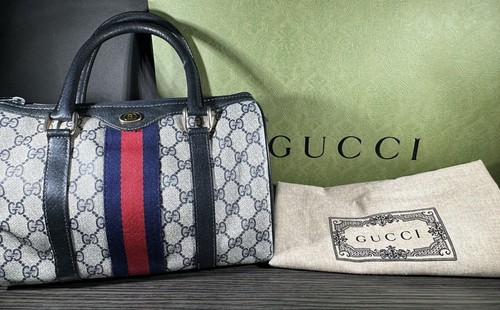 AUTHENTIC VTG GUCCI Boston Handbag Sherry Line Navy Blue