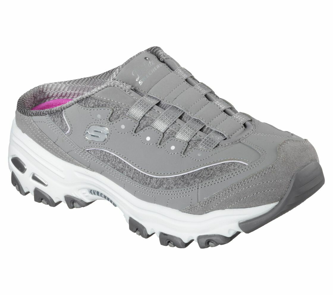 

Skechers D-#39;lite Shoes Серые женские сабо без шнуровки Комфортные сандалии с эффектом памяти 11940, Gray / white, Slip On