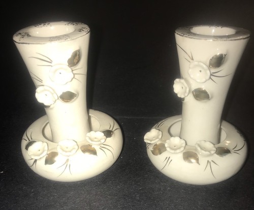 Vintage Beige Porcelain Candle Holders Hand Painted Gold w Raised Flowers