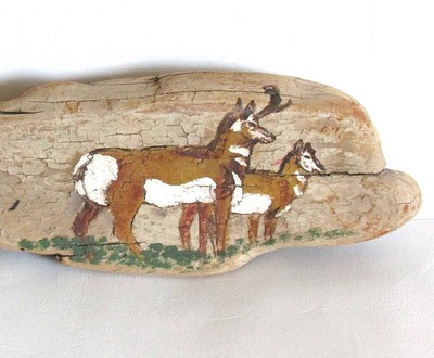 Hand Painted Antelope on Missouri River Driftwood Vintage Folk Art 11.5