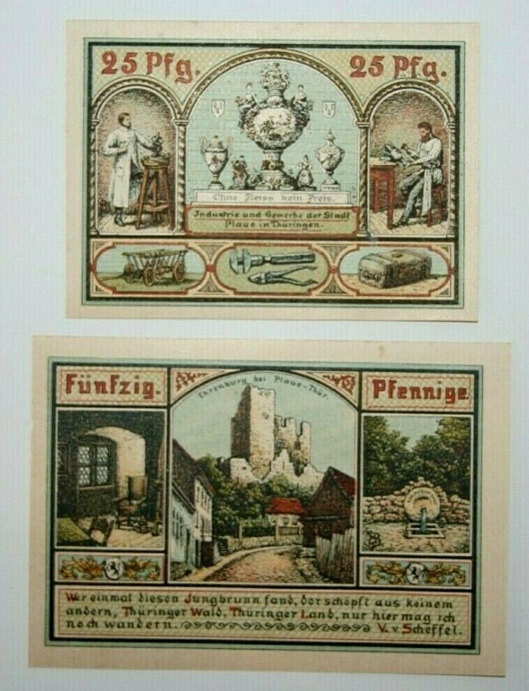 1921 Plaue -Thur Germany 25 & 50 Pfennig Notgeld Notes