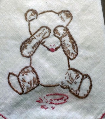 c.1940: 3 Framed Child's Handkerchiefs, Embroidered, Clown, Bear. Garden Girl